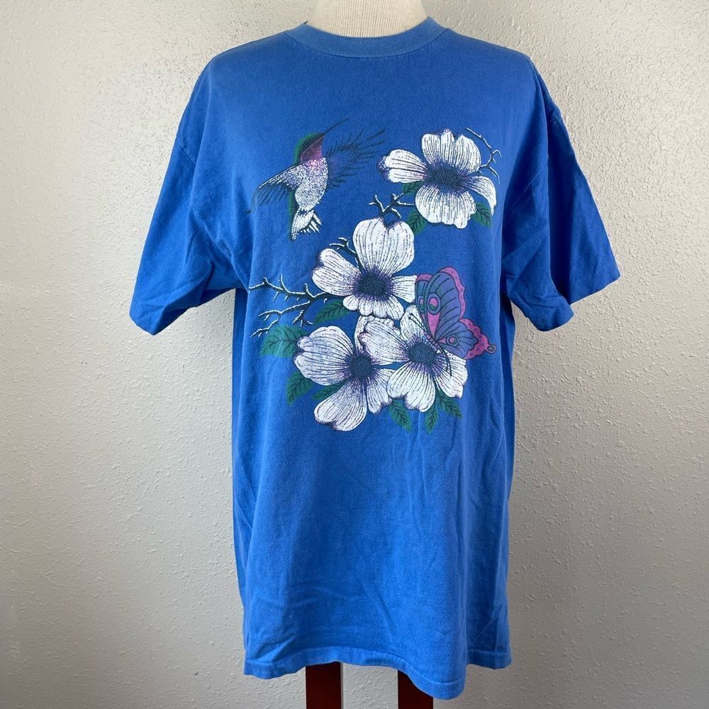Vintage Hankey Hummingbird and Floral T-Shirt Size XL EUC
